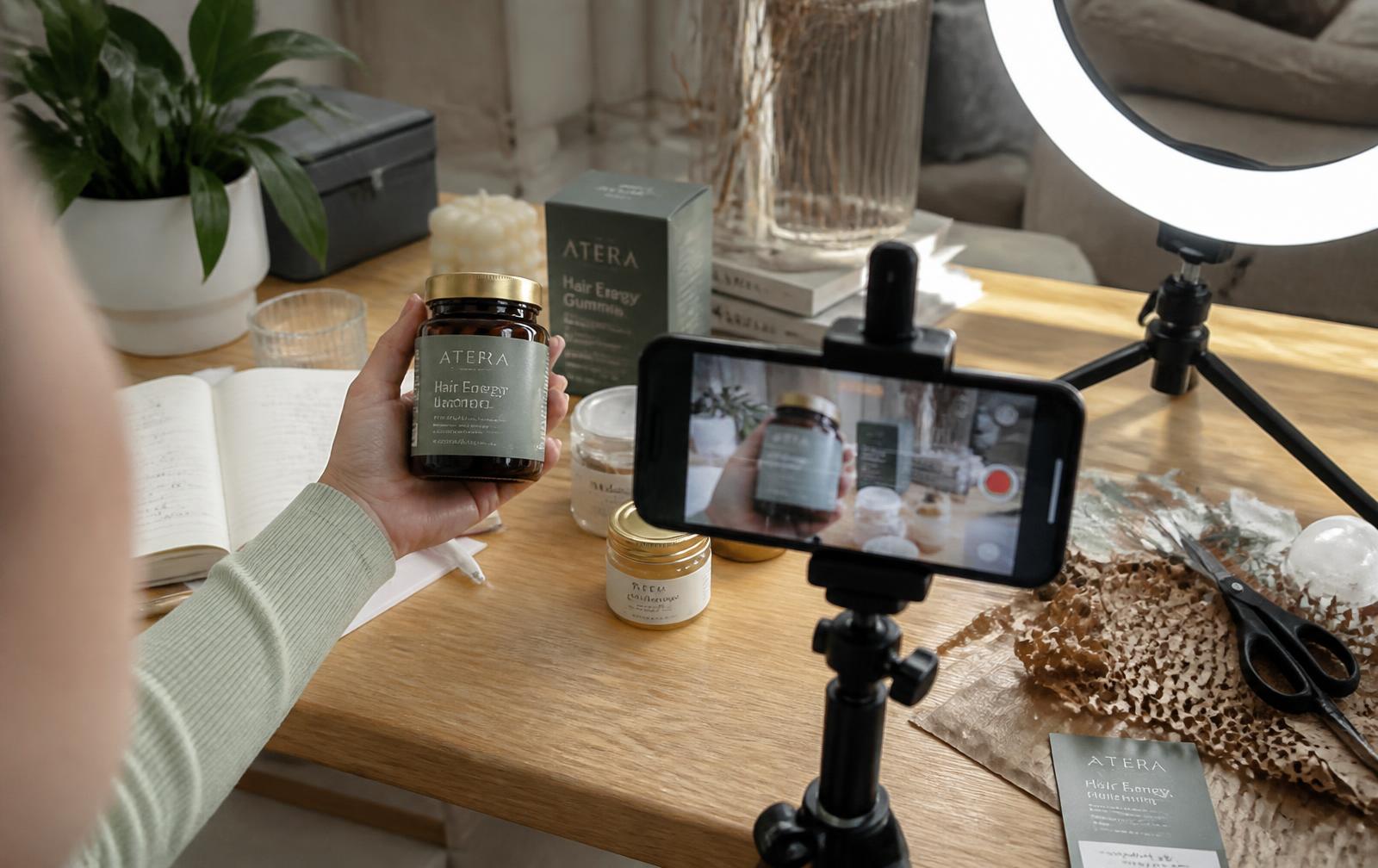 Phone on a tripod filming a UGC clip of a D2C wellness product