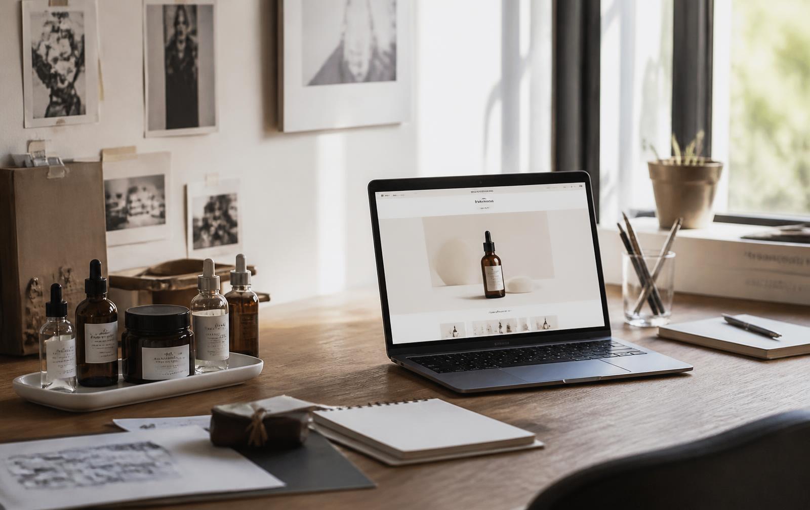 A D2C skincare founder desk with a minimal ecommerce product page open on a laptop